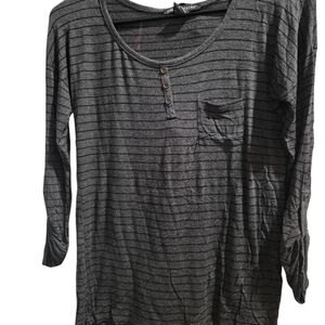 American Dream Charcoal Gray Striped Long Sleeve Henley Tee